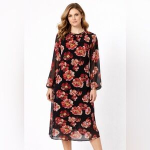Madewell NWT Floral Midi Dress Size Small | Long Sleeve Black Red